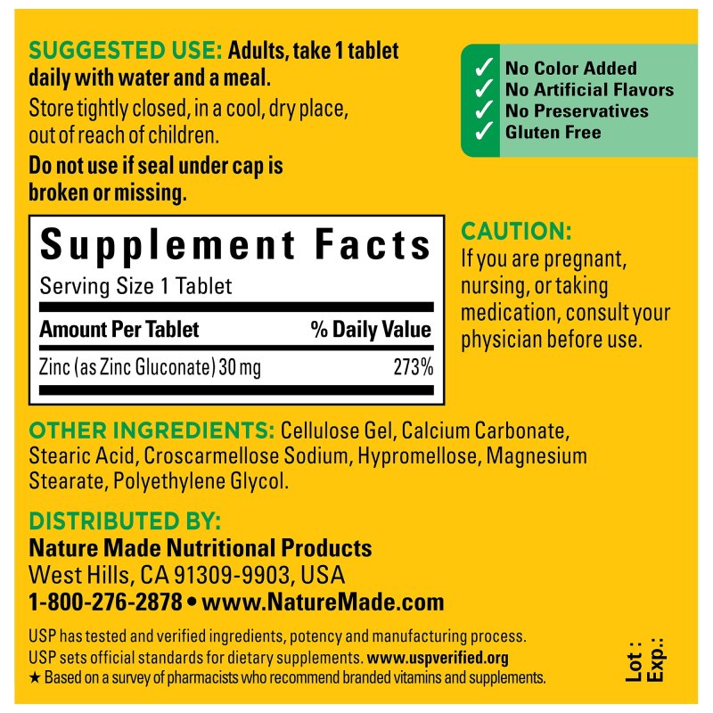 NATURE MADE ZINC 30 MG TABLETS 2 PACK IMMUNE SUPPORT DIETARY SUPPLEMENT 100 COUNT