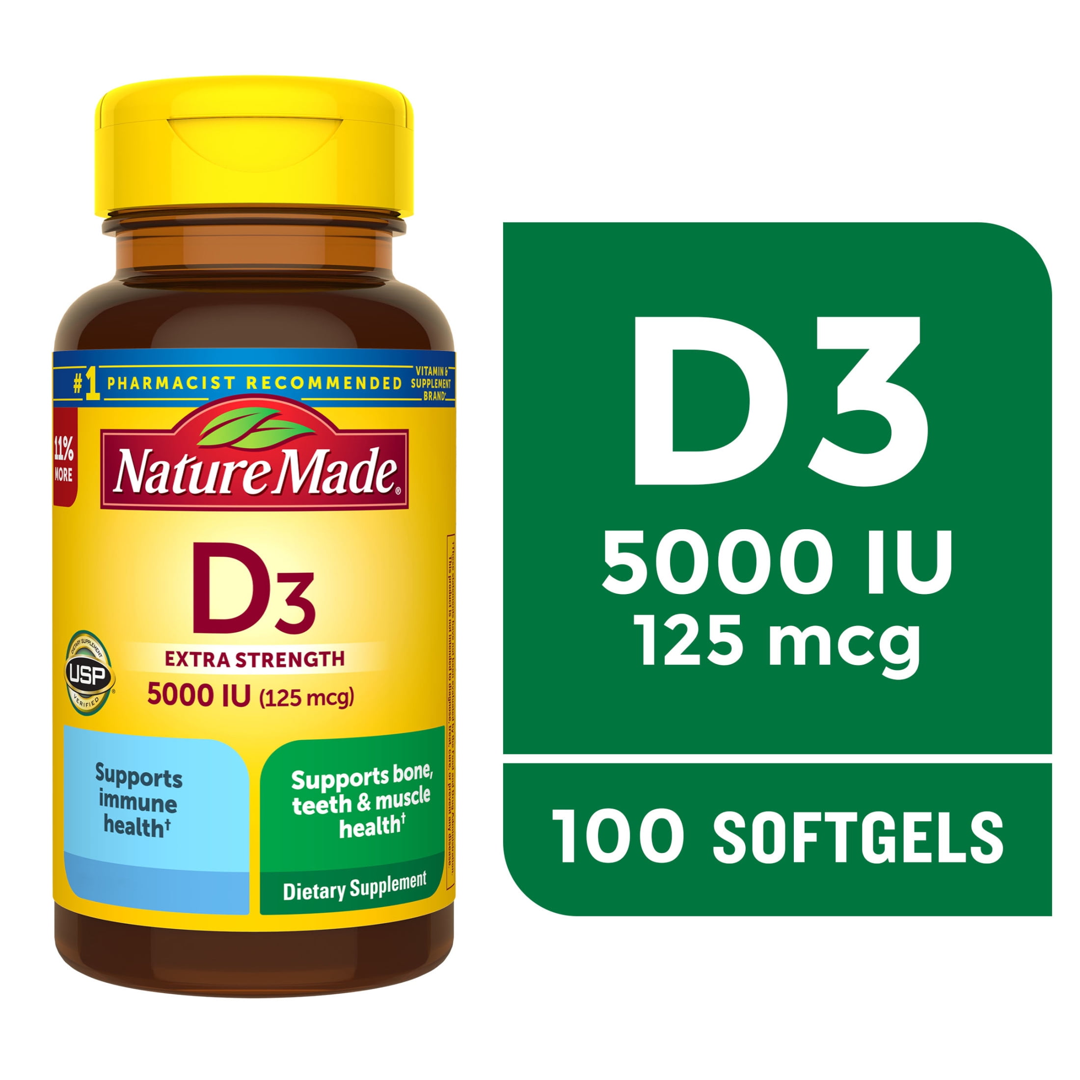 NATURE MADE EXTRA STRENGTH VITAMIN D3 5000 IU SOFTGELS 125 MCG BONE IMMUNE HEALTH SUPPORT 100 COUNT