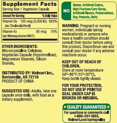 SPRING VALLEY VITAMIN K2 90MCG D3 125MCG VEGETARIAN CAPSULES 90 COUNT