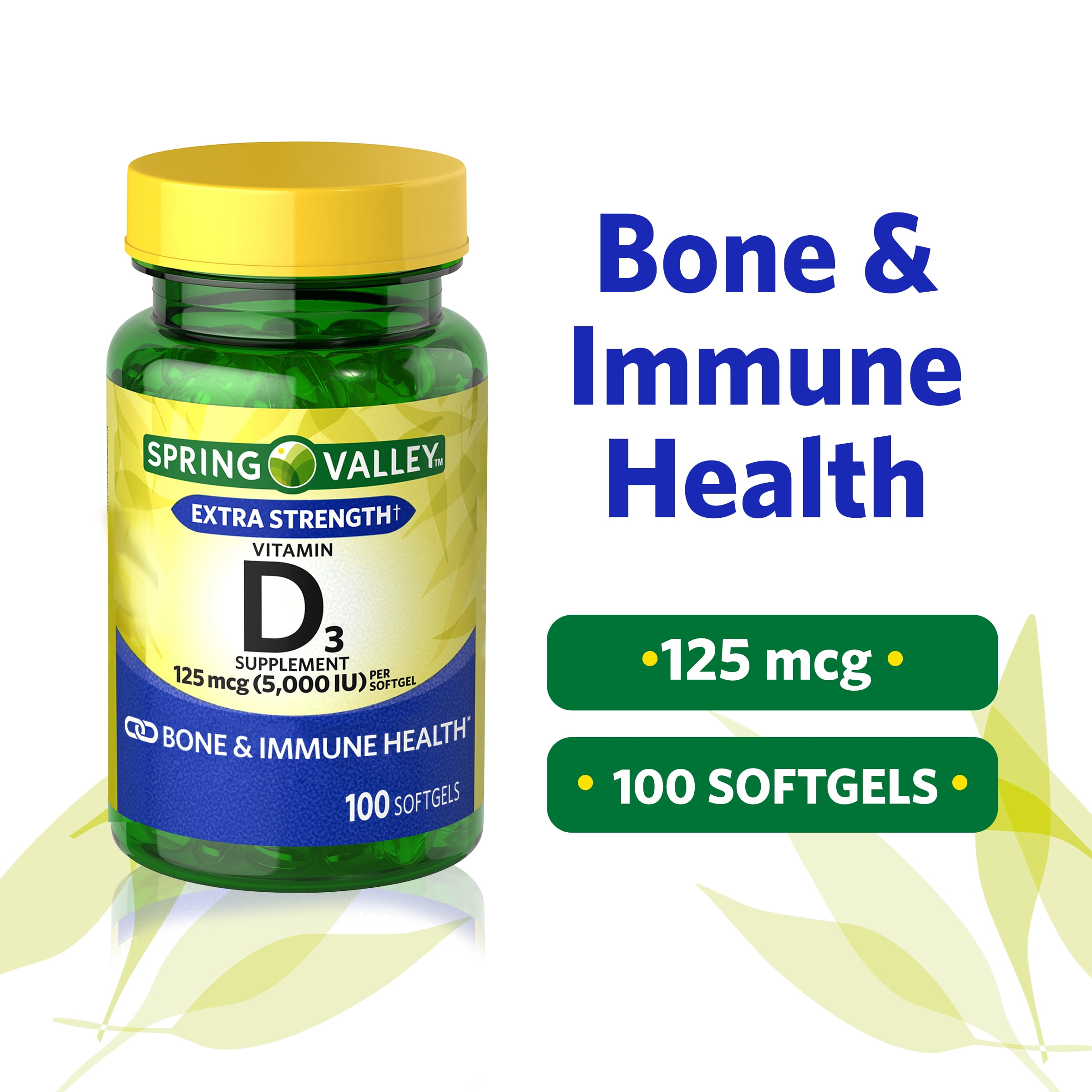 SPRING VALLEY VITAMIN D3 SOFTGELS 5000 IU 100 COUNT FOR STRONG BONES AND IMMUNE SUPPORT