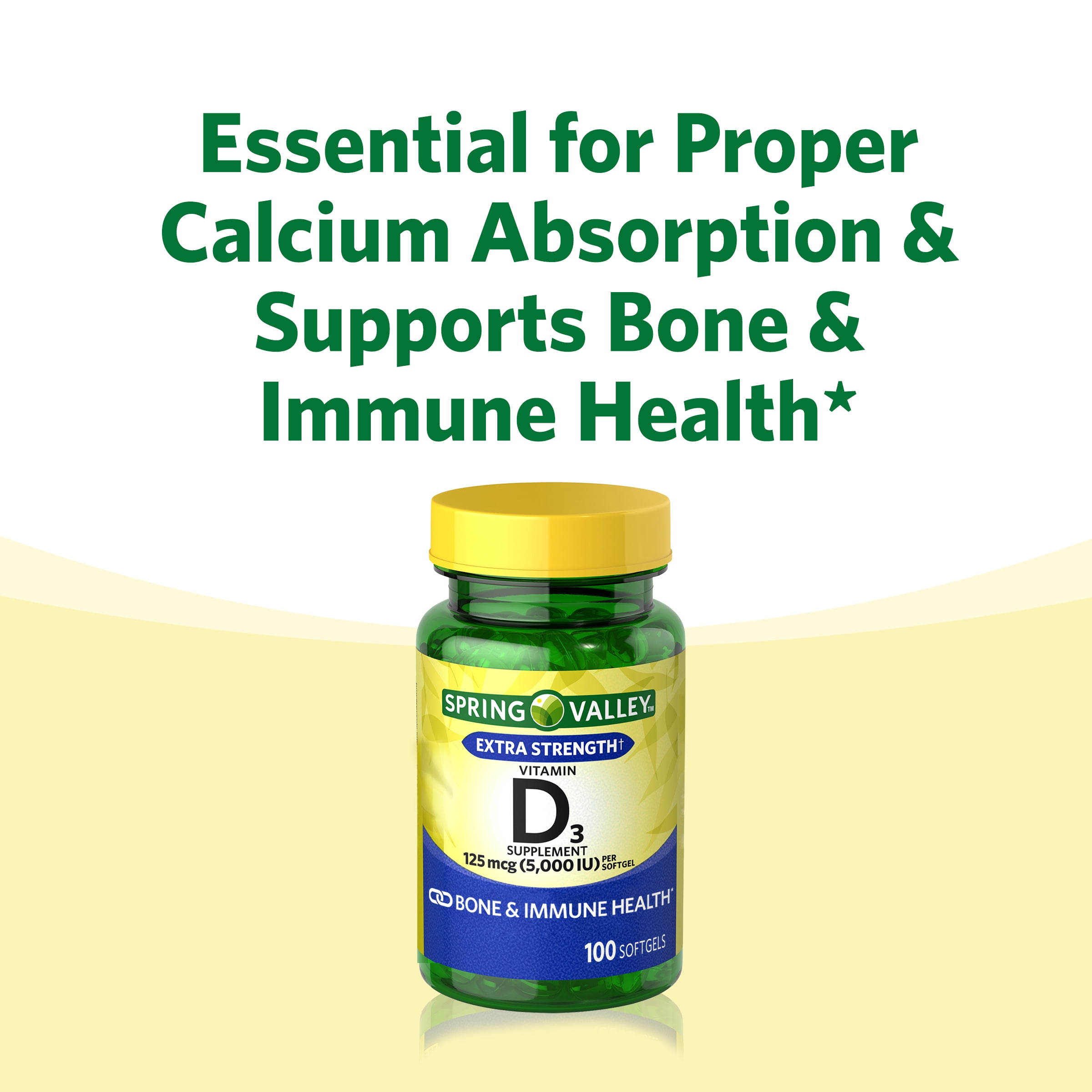 SPRING VALLEY VITAMIN D3 SOFTGELS 5000 IU 100 COUNT FOR STRONG BONES AND IMMUNE SUPPORT