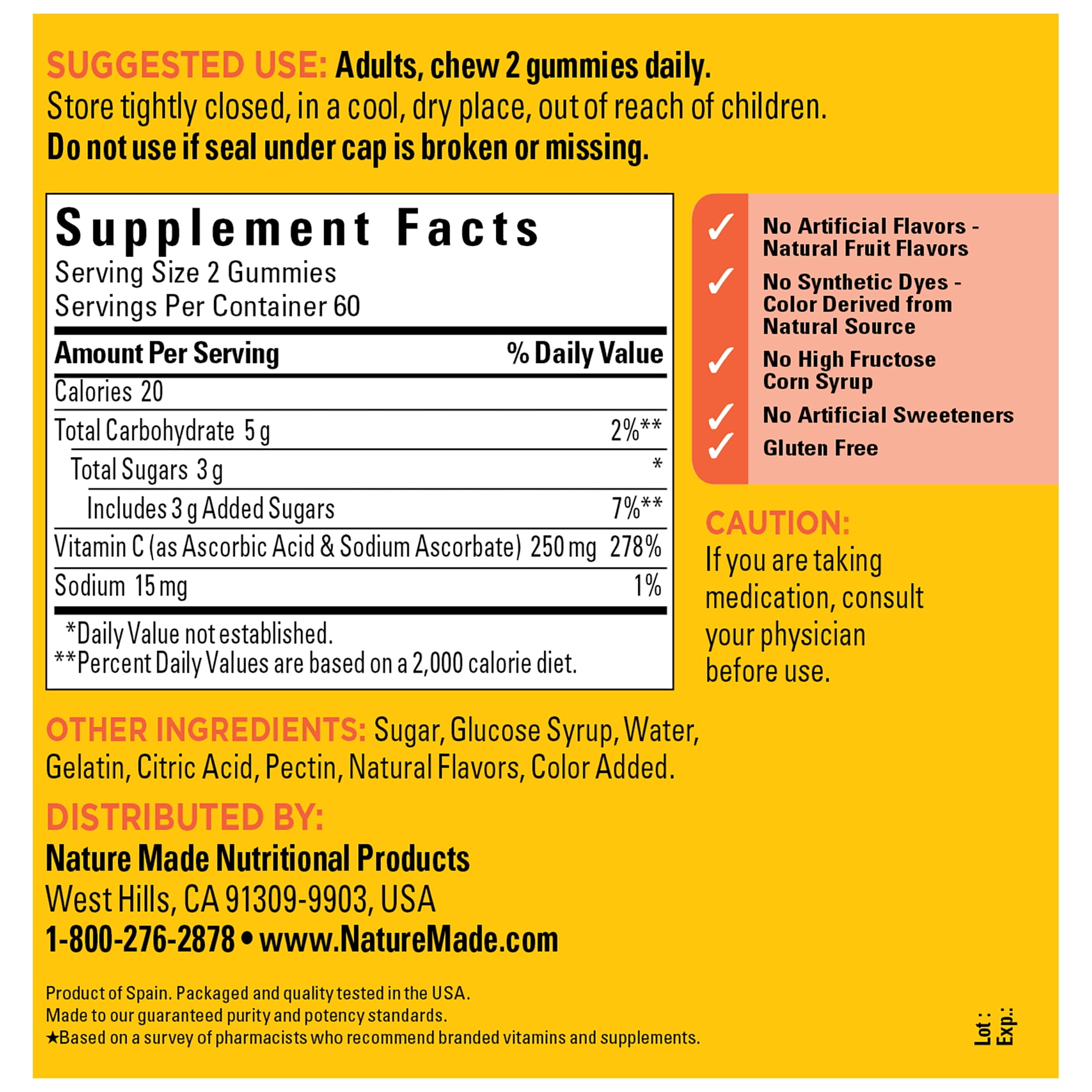 NATURE MADE VITAMIN C 250MG PER SERVING GUMMIES DIETARY SUPPLEMENT 120 COUNT
