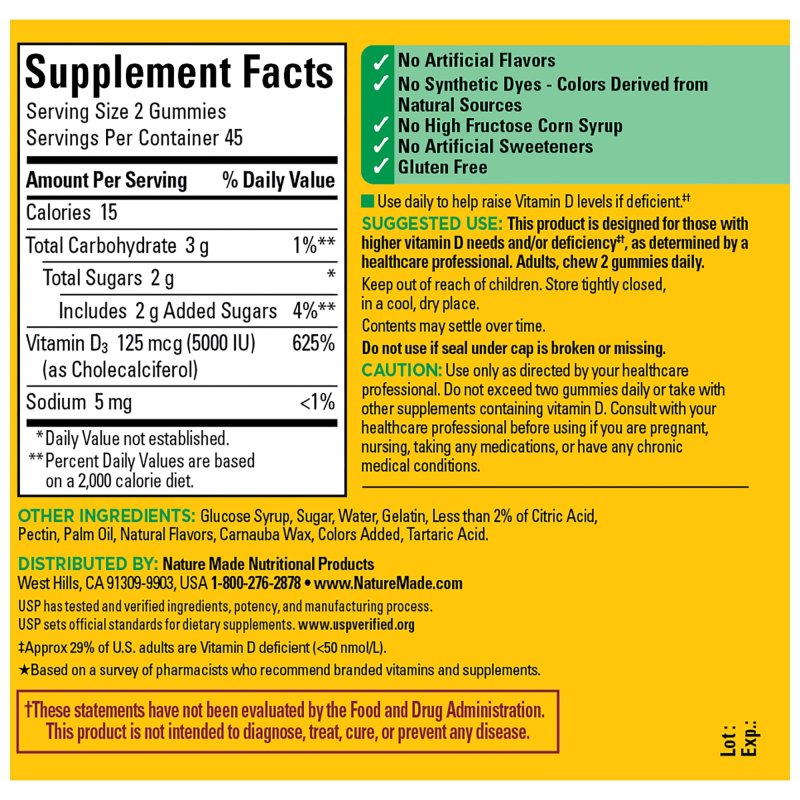 NATURE MADE EXTRA STRENGTH VITAMIN D3 5000 IU 125 MCG PER SERVING GUMMIES DIETARY SUPPLEMENT 90 COUNT