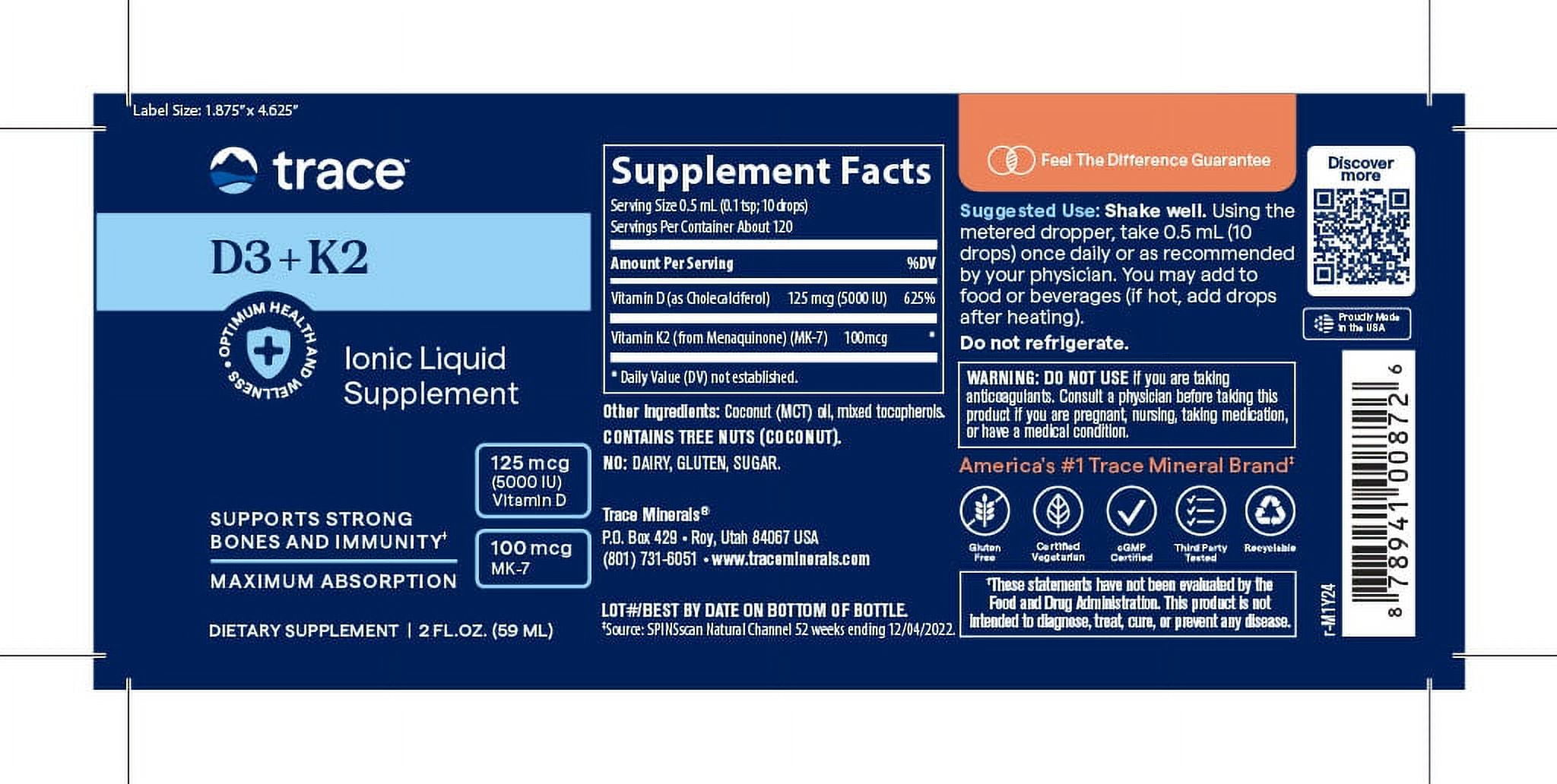 TRACE MINERALS LIQUID IONIC VITAMIN D3 K2 CONCENTRATED SUPPLEMENT BONES HEART HEALTH IMMUNITY 2 FL OZ 120 SERVINGS