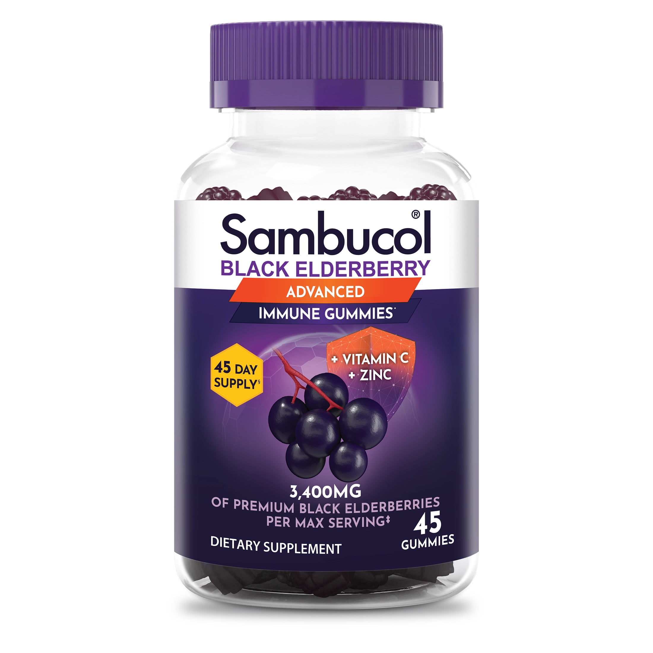 SAMBUCOL BLACK ELDERBERRY IMMUNE SUPPORT GUMMIES VITAMIN C ZINC 45 COUNT