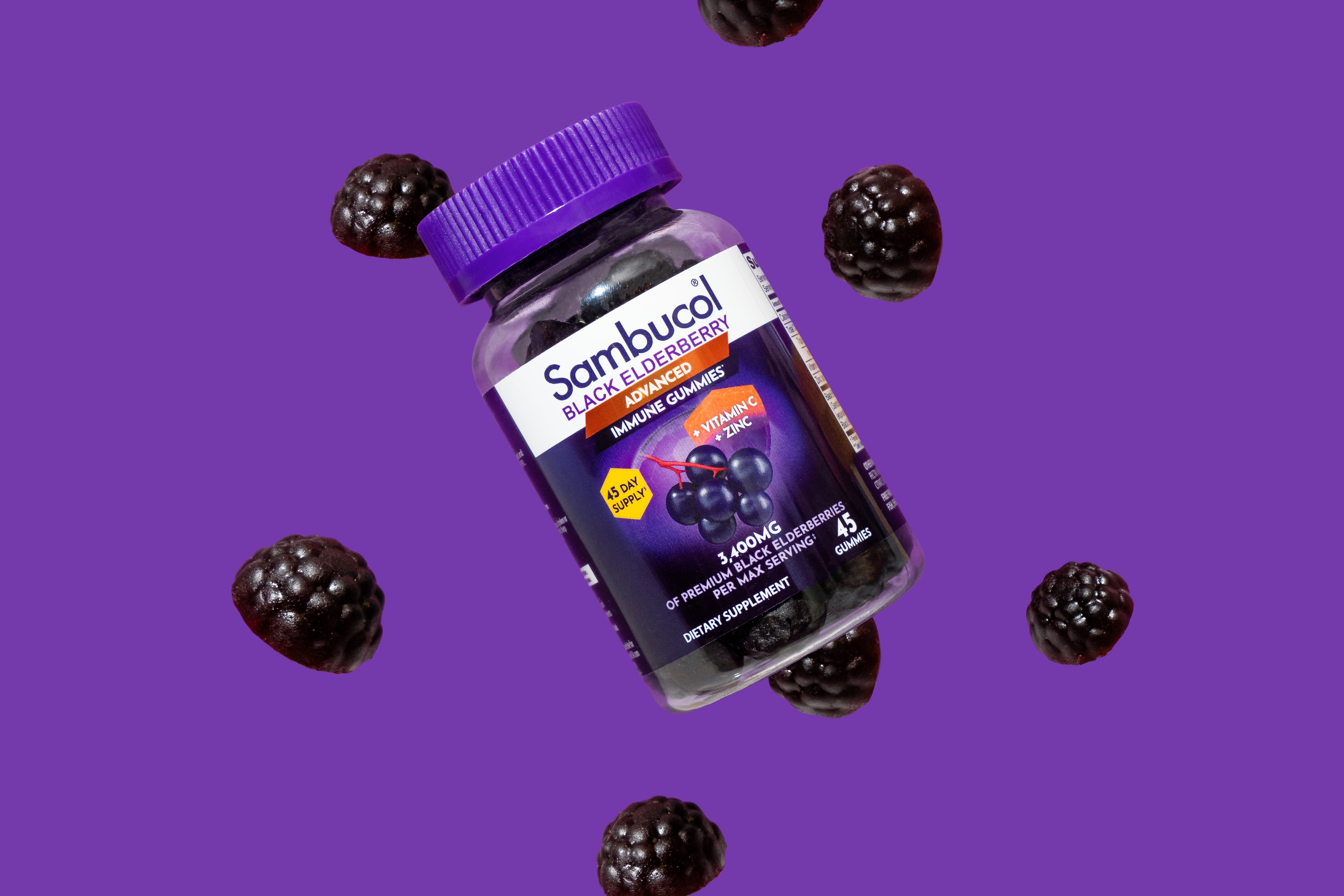 SAMBUCOL BLACK ELDERBERRY IMMUNE SUPPORT GUMMIES VITAMIN C ZINC 45 COUNT