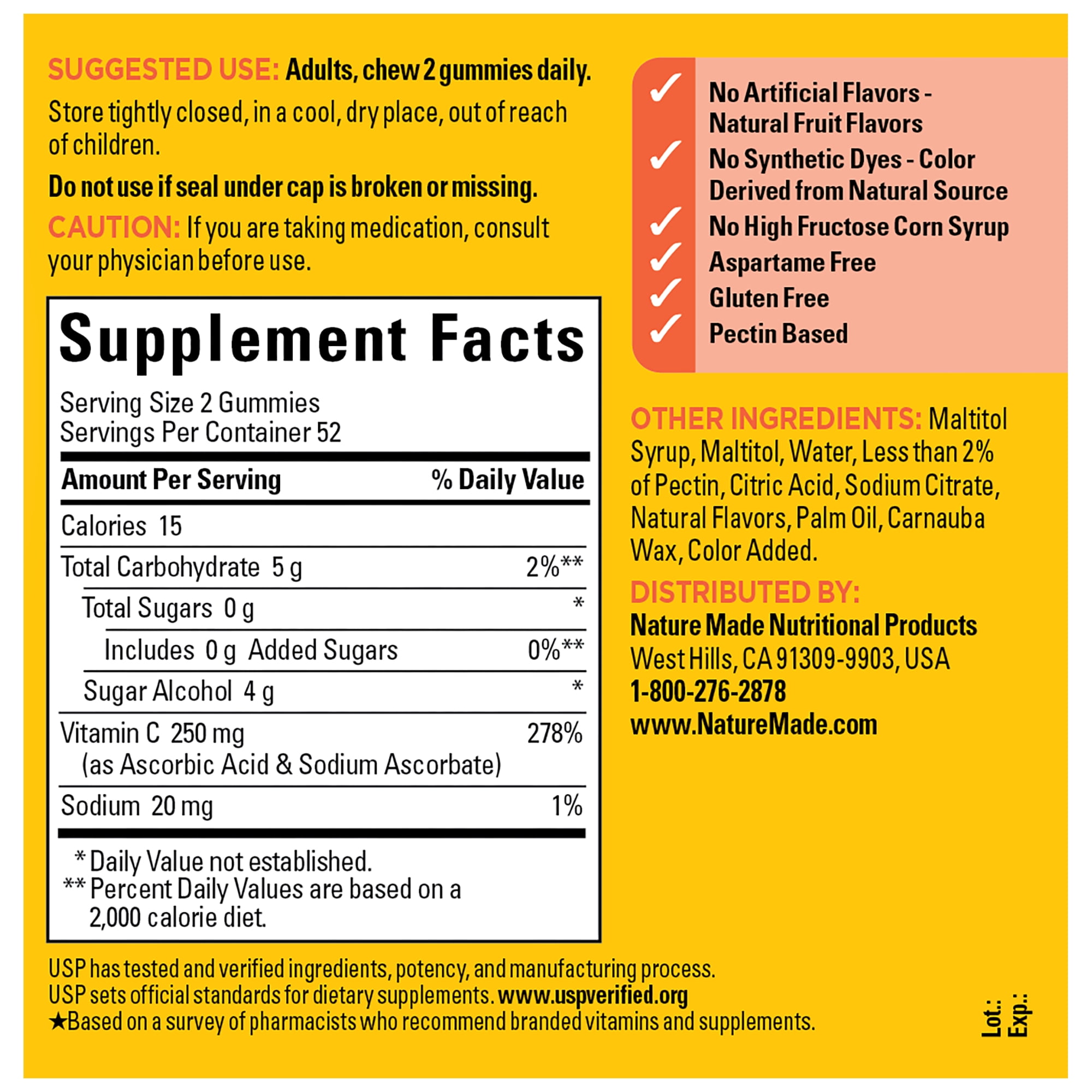 NATURE MADE ZERO SUGAR VITAMIN C GUMMIES SUGAR FREE IMMUNE SUPPORT 104 COUNT