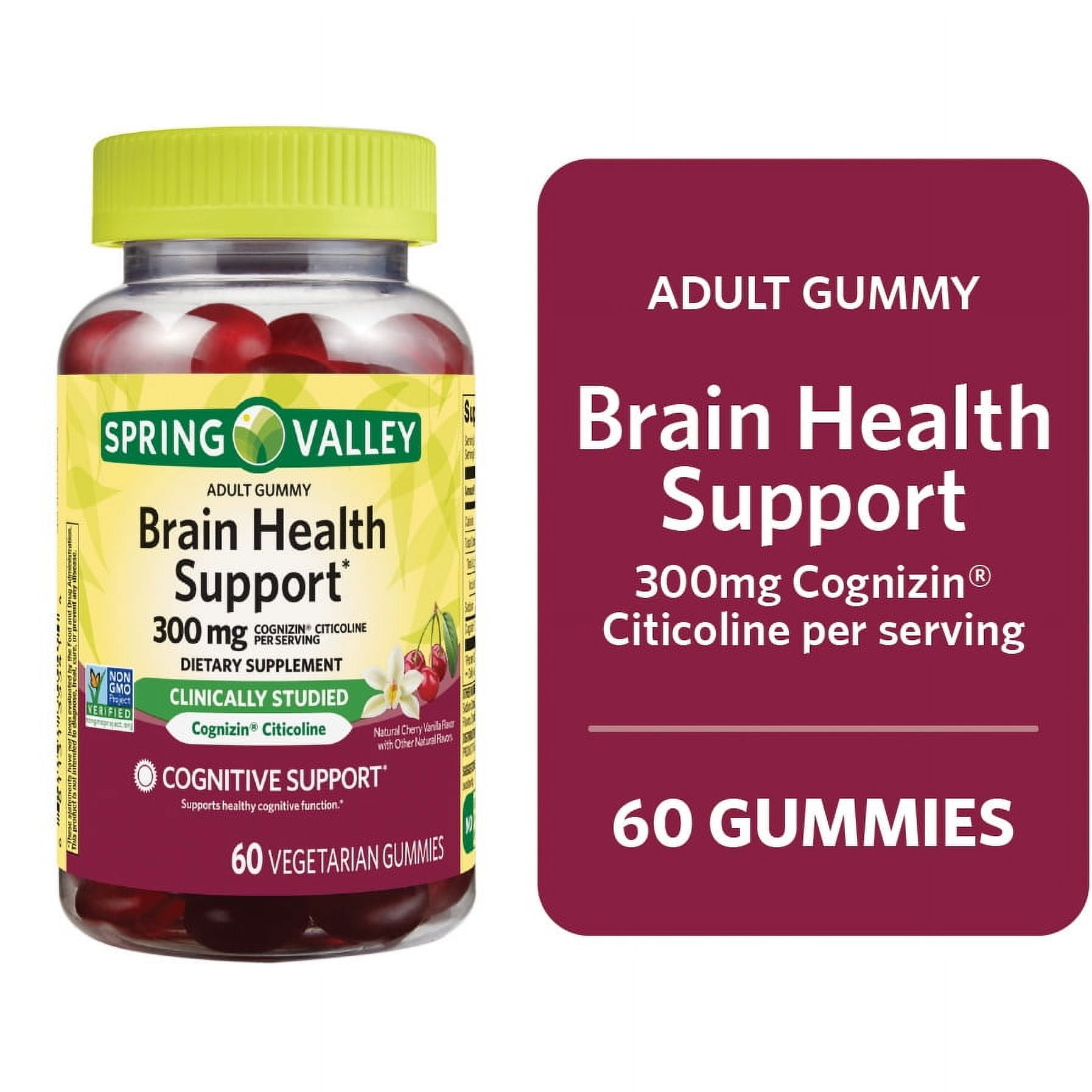 SPRING VALLEY BRAIN HEALTH COGNITIVE SUPPORT VEGETARIAN GUMMIES COGNIZIN CITOCOLINE 300MG 60CT CHERRY VANILLA FLAVOR