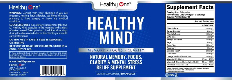 HEALTHY ONE HEALTHY MIND BRAIN NOOTROPIC SUPPLEMENT 60 CAPSULES