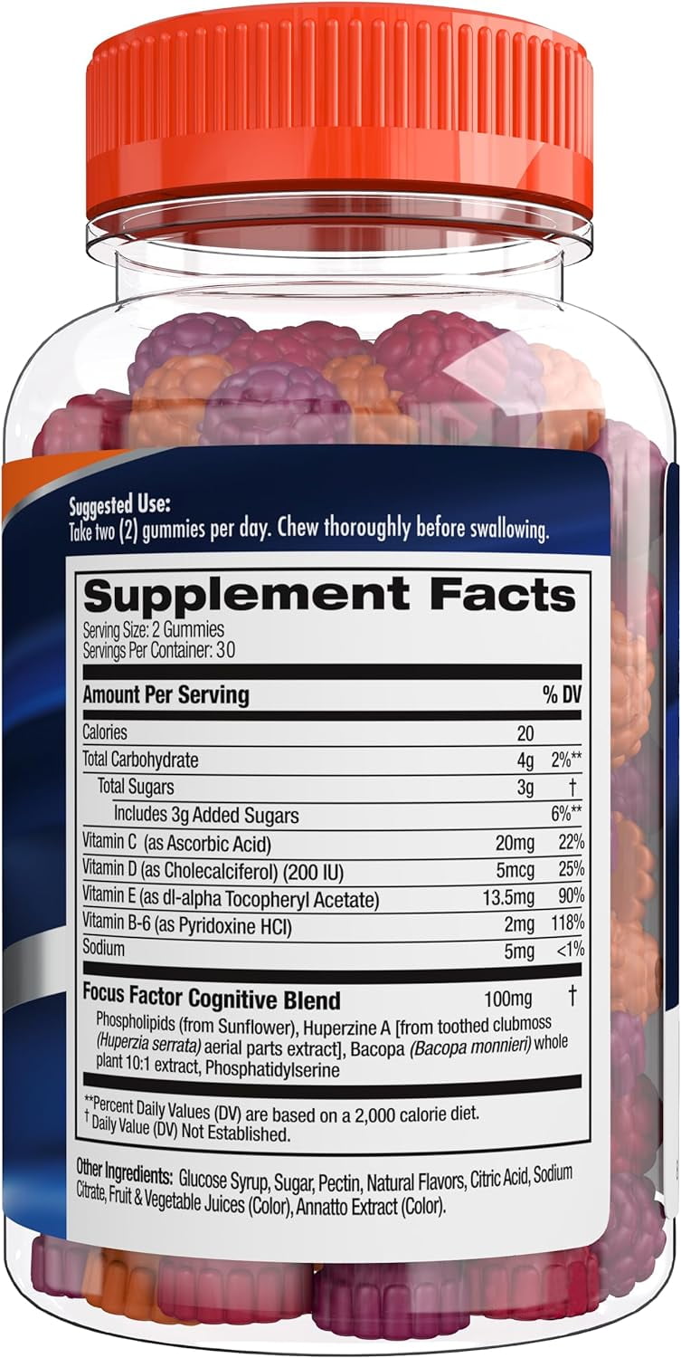 FOCUS FACTOR GUMMIES 60 COUNT MEMORY BRAIN HEALTH SUPPLEMENT HUPERZINE BACOPA MONNIERI