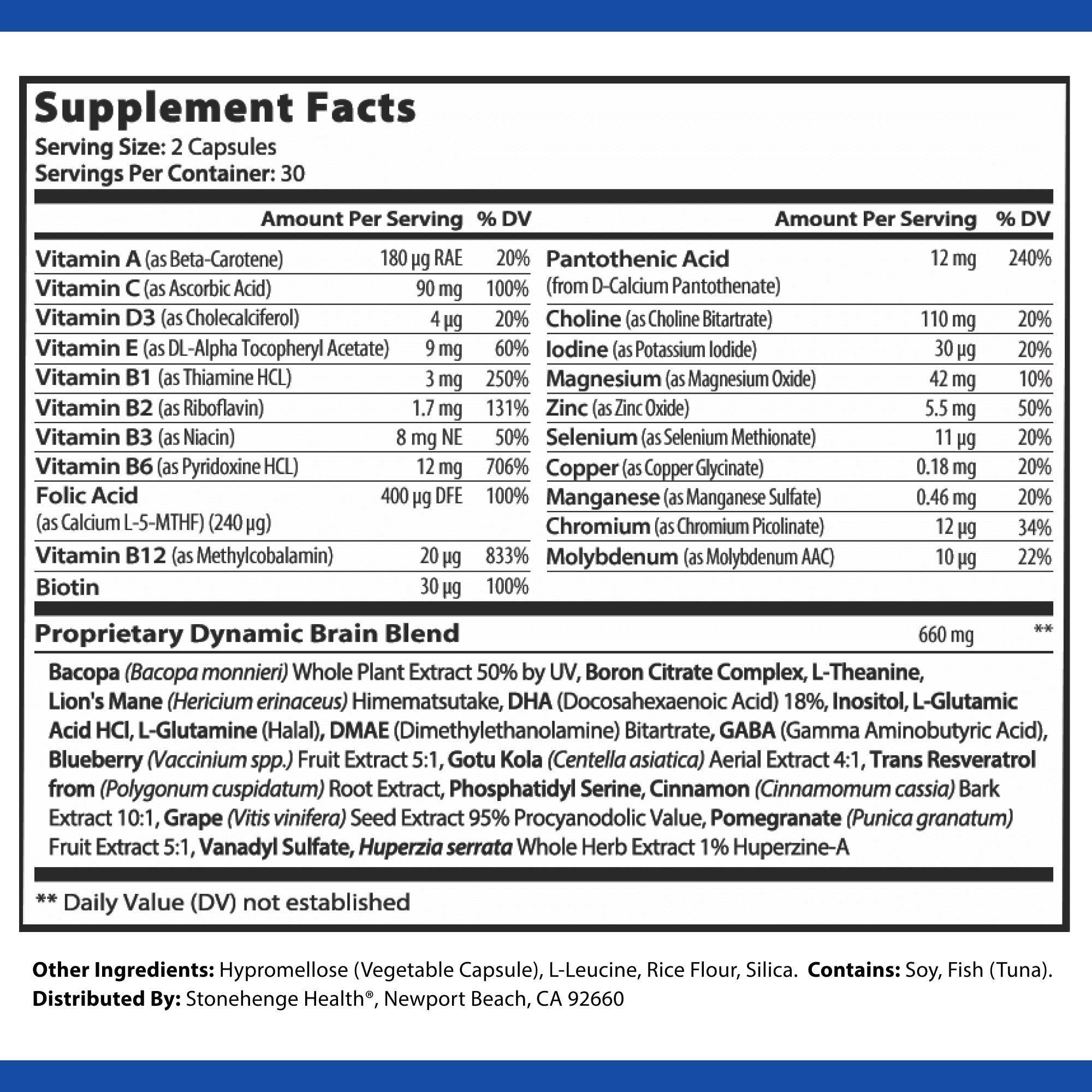 STONEHENGE HEALTH DYNAMIC BRAIN NOOTROPIC SUPPLEMENT MEMORY FOCUS LEARNING 60 CAPSULES