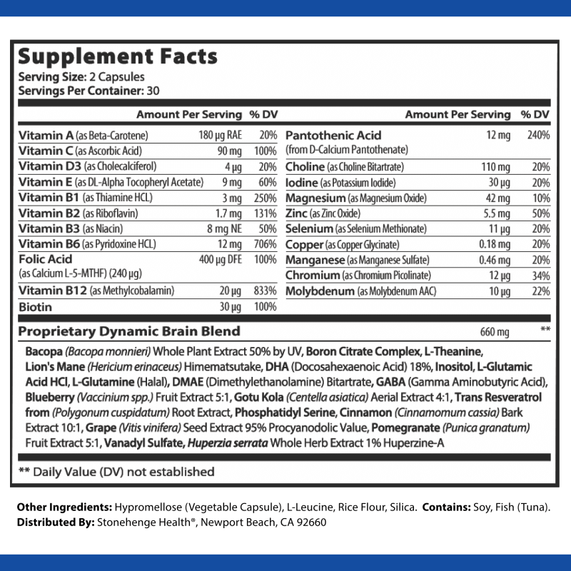 STONEHENGE HEALTH DYNAMIC BRAIN NOOTROPIC SUPPLEMENT MEMORY FOCUS LEARNING 60 CAPSULES