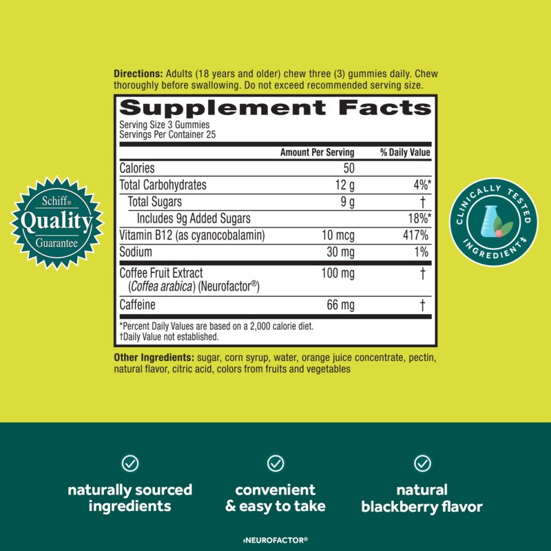 NEURIVA BRAIN ENERGY SUPPLEMENT VITAMINS B12 FOCUS CAFFEINE ENERGY BOOST BLACKBERRY 75CT GUMMIES