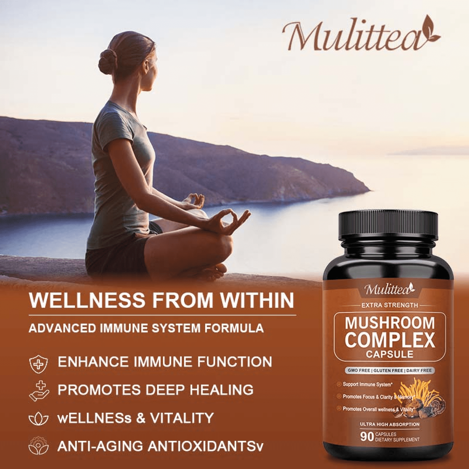 MULITTEA MUSHROOM SUPPLEMENT MUSHROOM COMPLEX CAPSULE 2760MG SUPPORT IMMUNE SYSTEM BRAIN FOCUS MEMORY 2 PACK