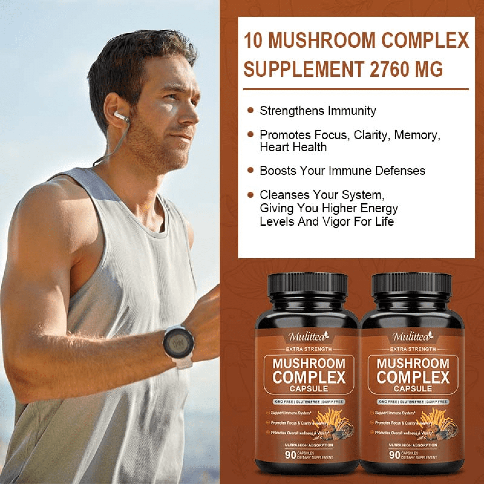 MULITTEA MUSHROOM SUPPLEMENT MUSHROOM COMPLEX CAPSULE 2760MG SUPPORT IMMUNE SYSTEM BRAIN FOCUS MEMORY 2 PACK