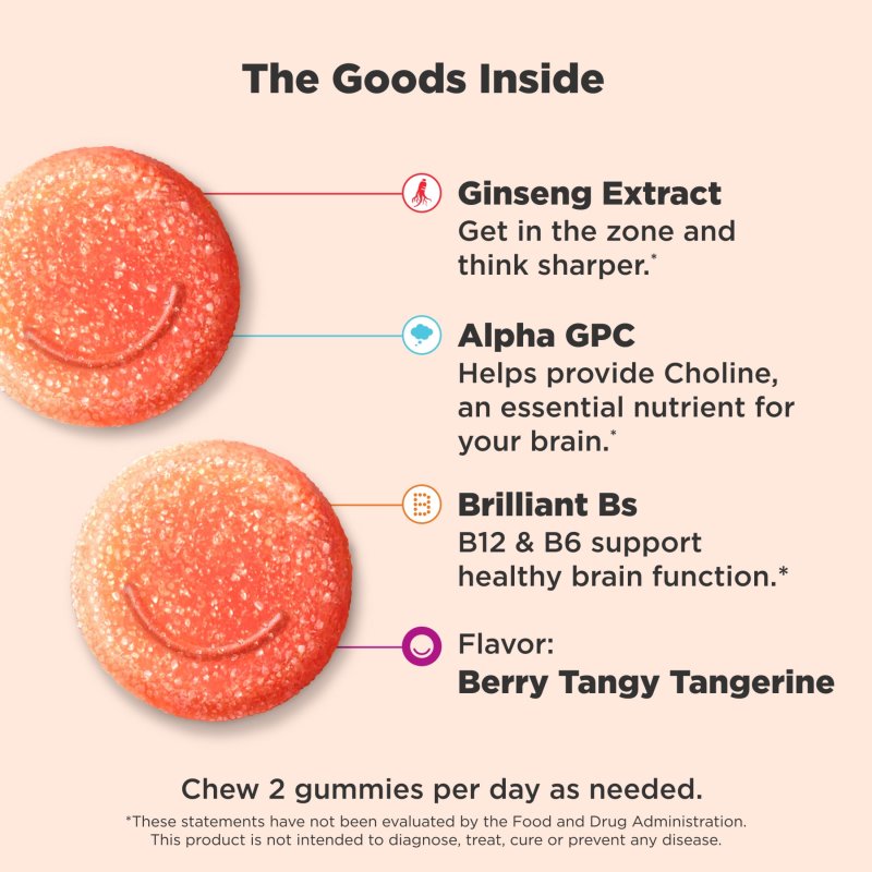 OLLY LASER FOCUS GUMMY GINSENG ALPHA GPC B VITAMIN COGNITIVE SUPPLEMENT BERRY TANGERINE 36 CT