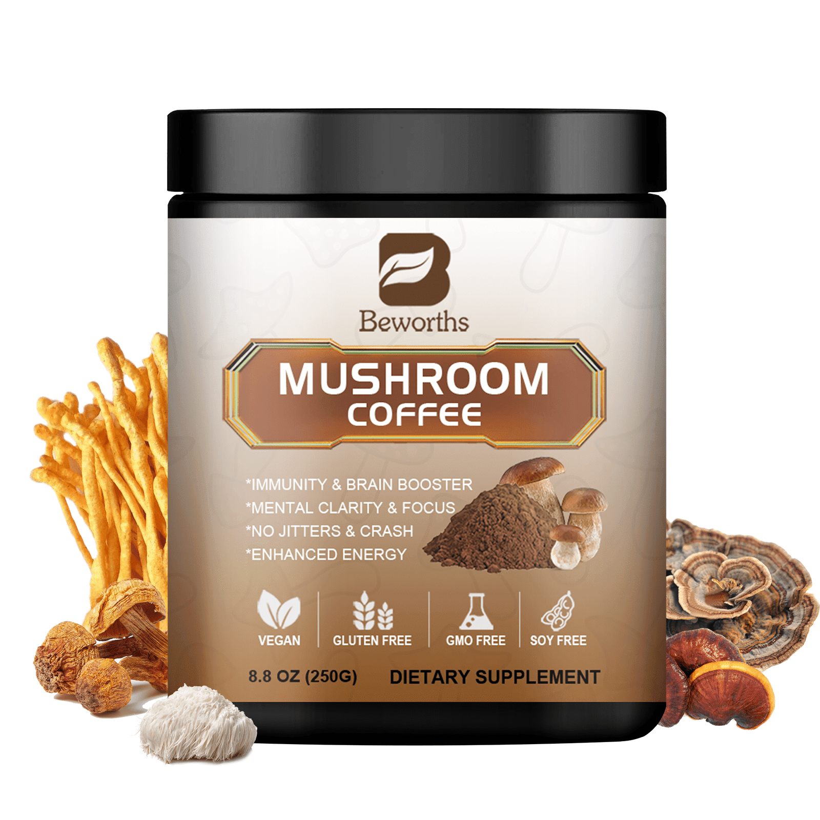 BEWORTHS MUSHROOM COFFEE POWDER SUPPLEMENTS BRAIN MEMORY FOCUS IMMUNE FUNCTION 8.8OZ
