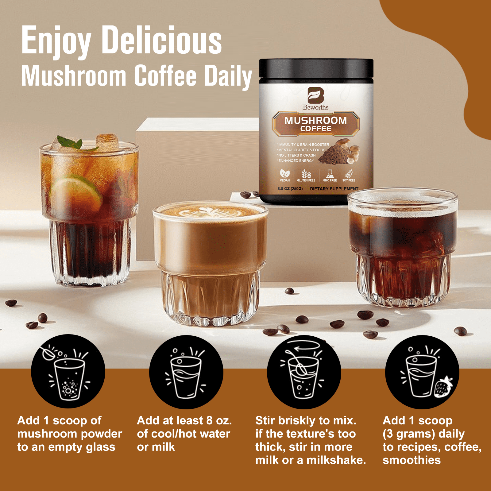 BEWORTHS MUSHROOM COFFEE POWDER SUPPLEMENTS BRAIN MEMORY FOCUS IMMUNE FUNCTION 8.8OZ