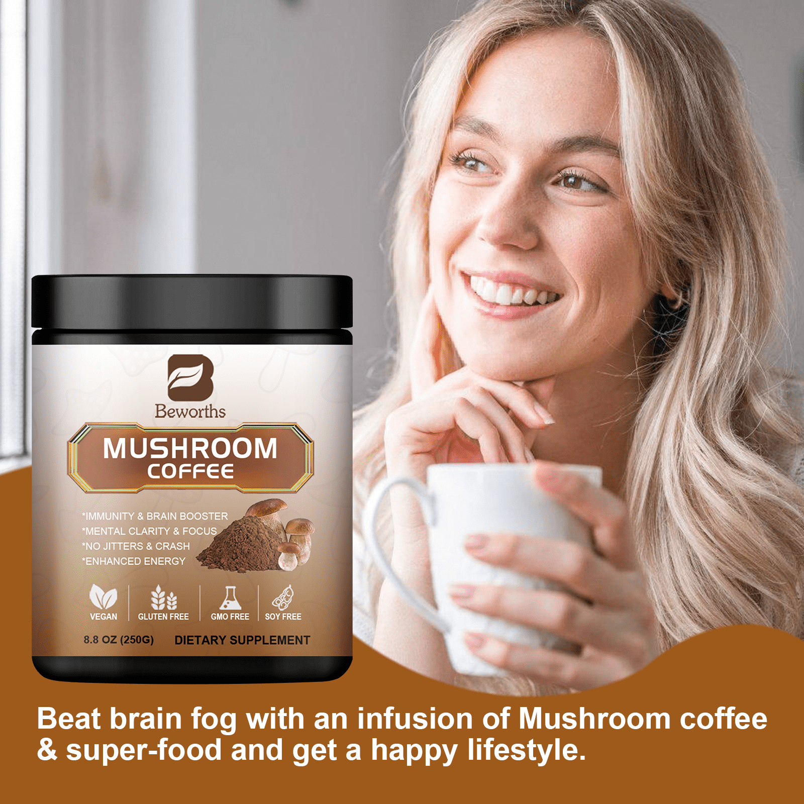 BEWORTHS MUSHROOM COFFEE POWDER SUPPLEMENTS BRAIN MEMORY FOCUS IMMUNE FUNCTION 8.8OZ