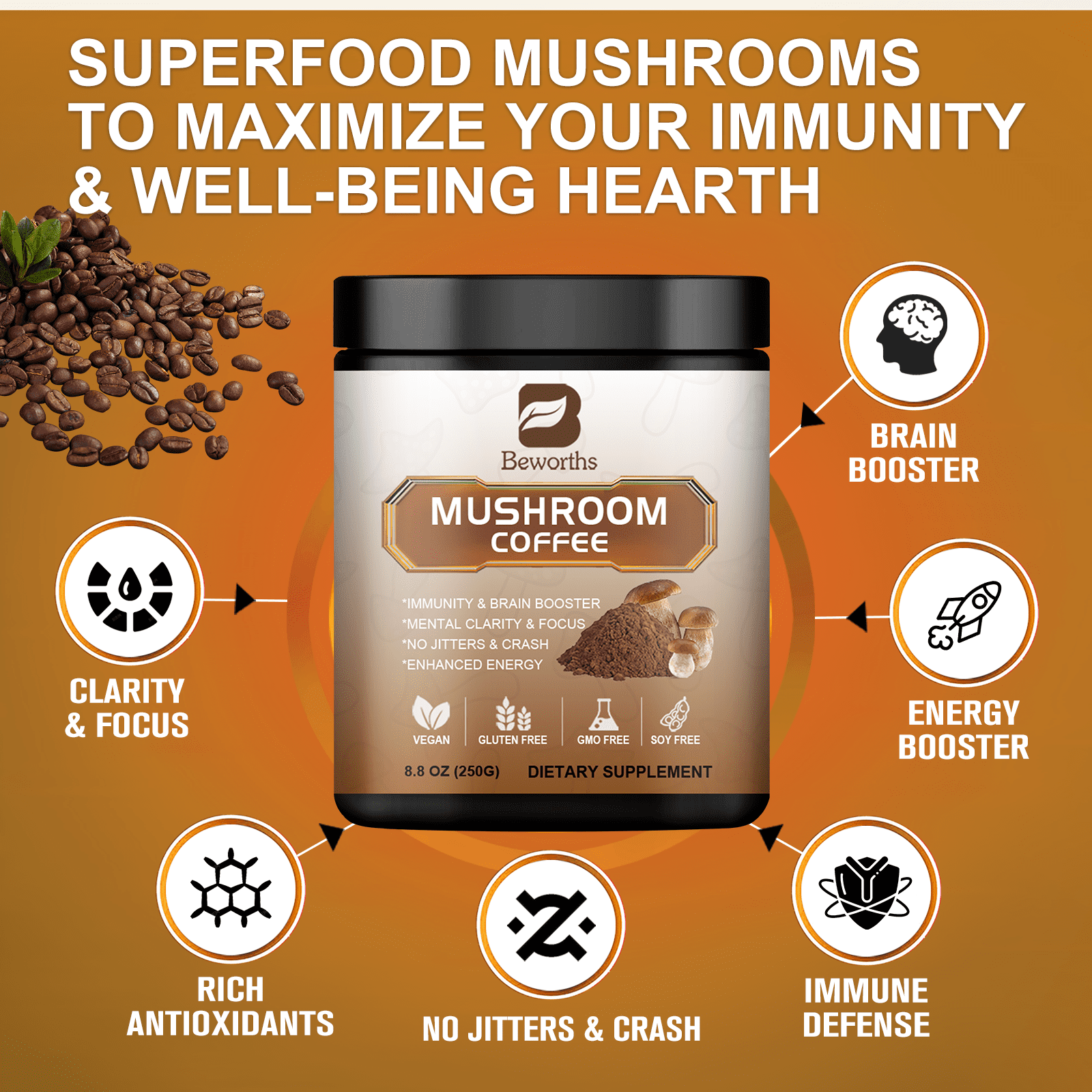 BEWORTHS MUSHROOM COFFEE POWDER SUPPLEMENTS BRAIN MEMORY FOCUS IMMUNE FUNCTION 8.8OZ