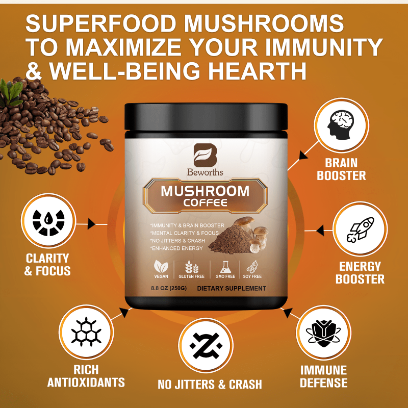 BEWORTHS MUSHROOM COFFEE POWDER SUPPLEMENTS BRAIN MEMORY FOCUS IMMUNE FUNCTION 8.8OZ