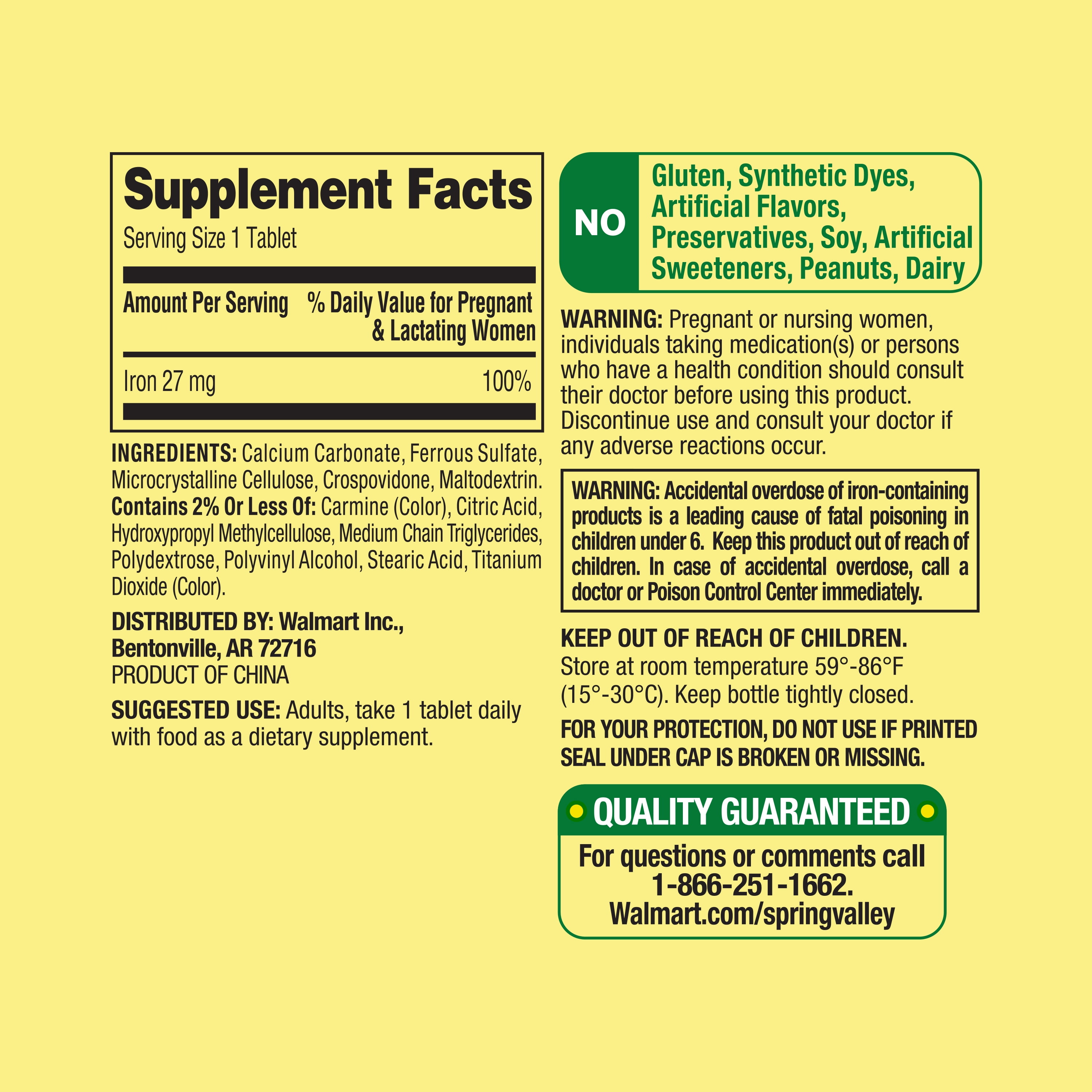 SPRING VALLEY IRON PRENATAL HEALTH DIETARY SUPPLEMENT TABLETS 27MG 250 COUNT FOR HEALTHY PREGNANCY AND WELLNESS