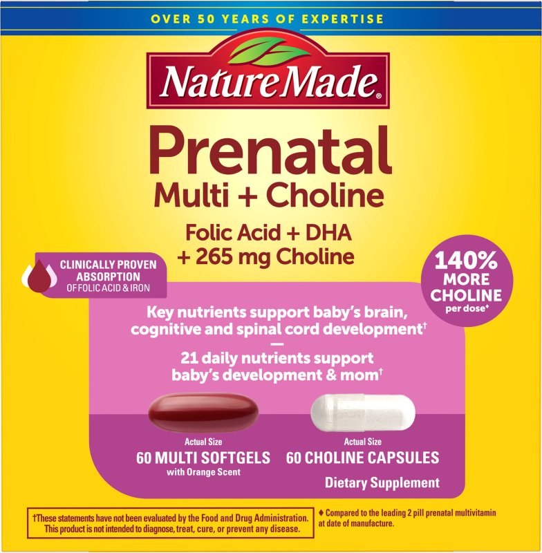 NATURE MADE PRENATAL MULTIVITAMINS CHOLINE CAPSULES FOLIC ACID DHA 60 COUNT