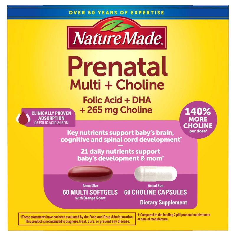 NATURE MADE PRENATAL MULTIVITAMINS CHOLINE CAPSULES FOLIC ACID DHA 60 COUNT