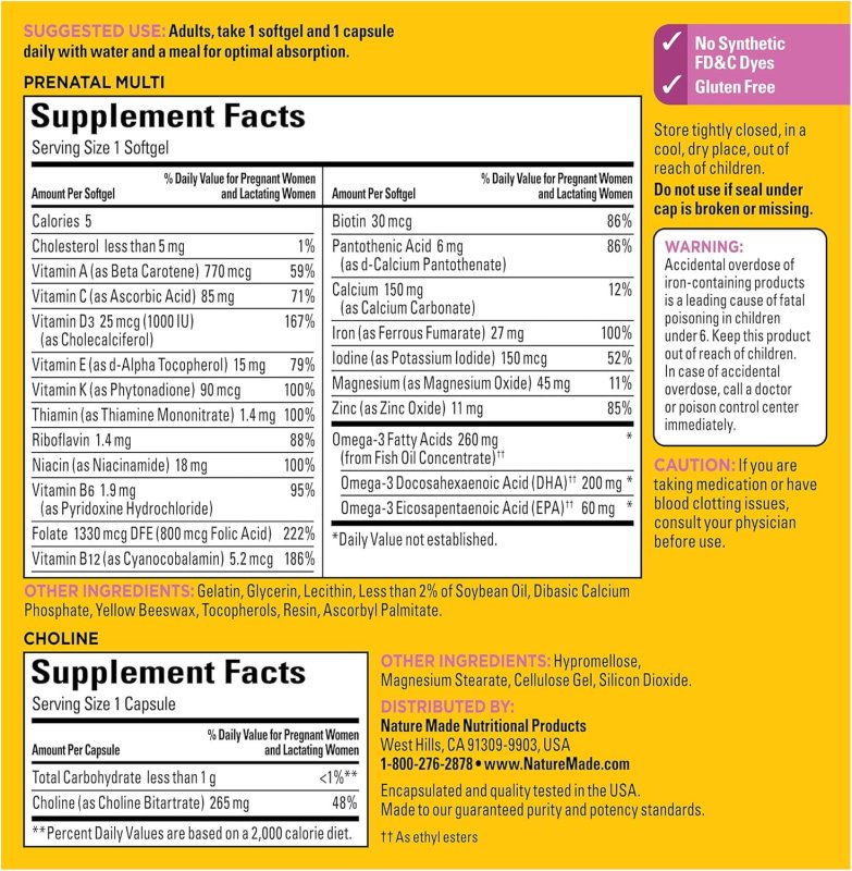 NATURE MADE PRENATAL MULTIVITAMINS CHOLINE CAPSULES FOLIC ACID DHA 60 COUNT
