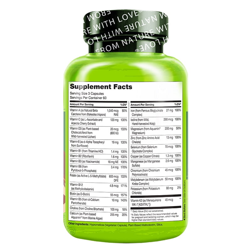 NATURELO PRENATAL MULTIVITAMIN GENTLE CHELATED IRON METHYL FOLATE PLANT CALCIUM CHOLINE VEGAN VEGETARIAN NON-GMO GLUTEN FREE 180 CAPSULES