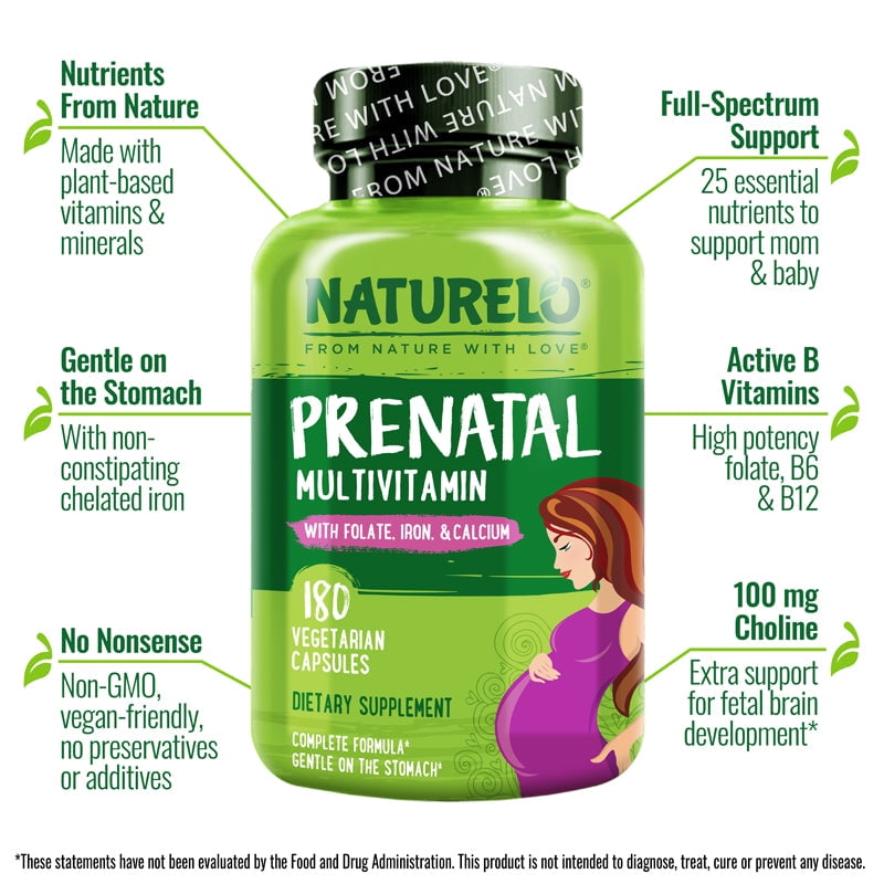 NATURELO PRENATAL MULTIVITAMIN GENTLE CHELATED IRON METHYL FOLATE PLANT CALCIUM CHOLINE VEGAN VEGETARIAN NON-GMO GLUTEN FREE 180 CAPSULES