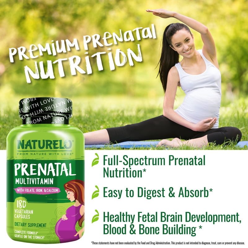 NATURELO PRENATAL MULTIVITAMIN GENTLE CHELATED IRON METHYL FOLATE PLANT CALCIUM CHOLINE VEGAN VEGETARIAN NON-GMO GLUTEN FREE 180 CAPSULES