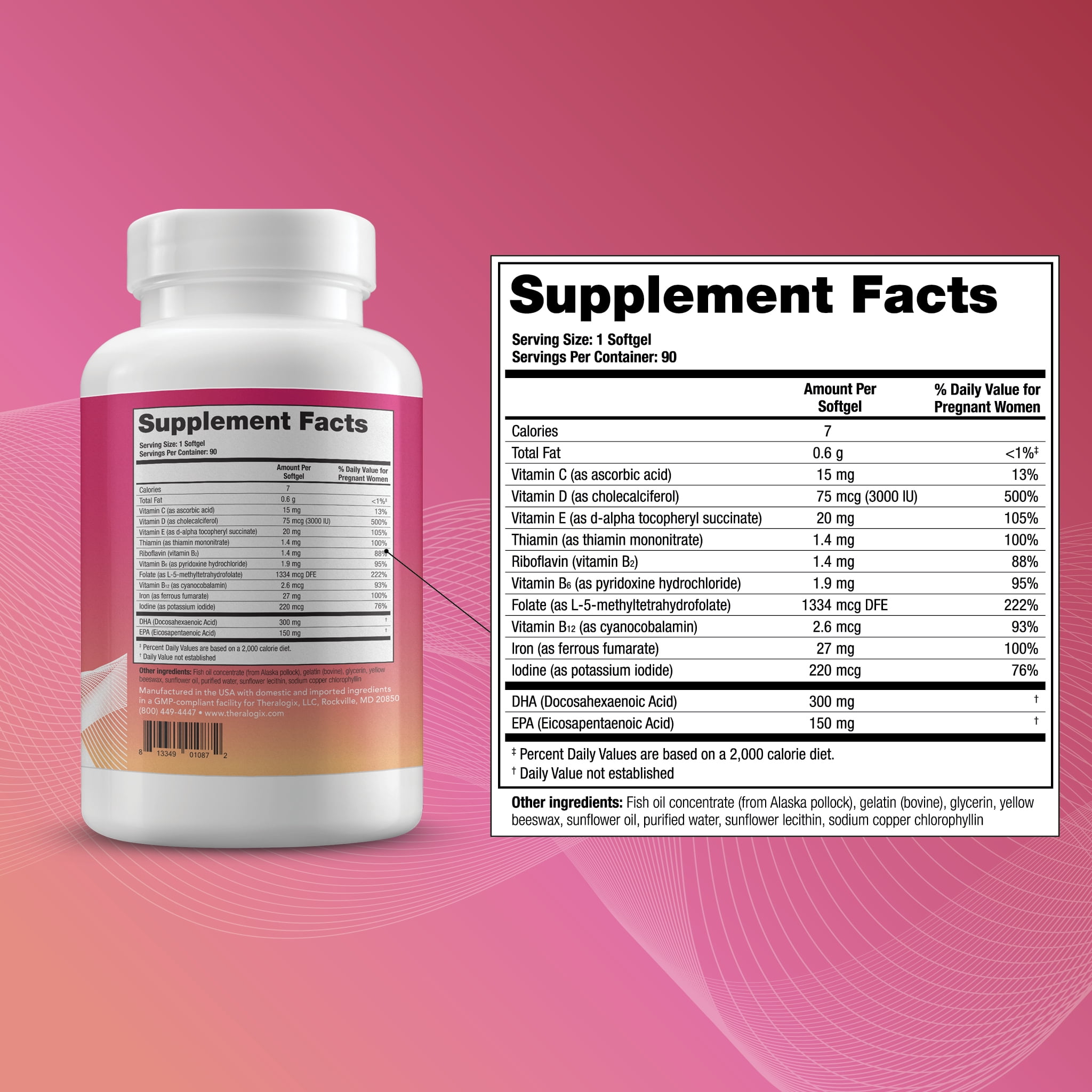 THERALOGIX THERANATAL ONE PRENATAL VITAMIN 90-DAY SUPPLY DHA VITAMIN D3 METHYLATED FOLATE IRON HEALTHY PREGNANCY NSF CERTIFIED 90 SOFTGELS.