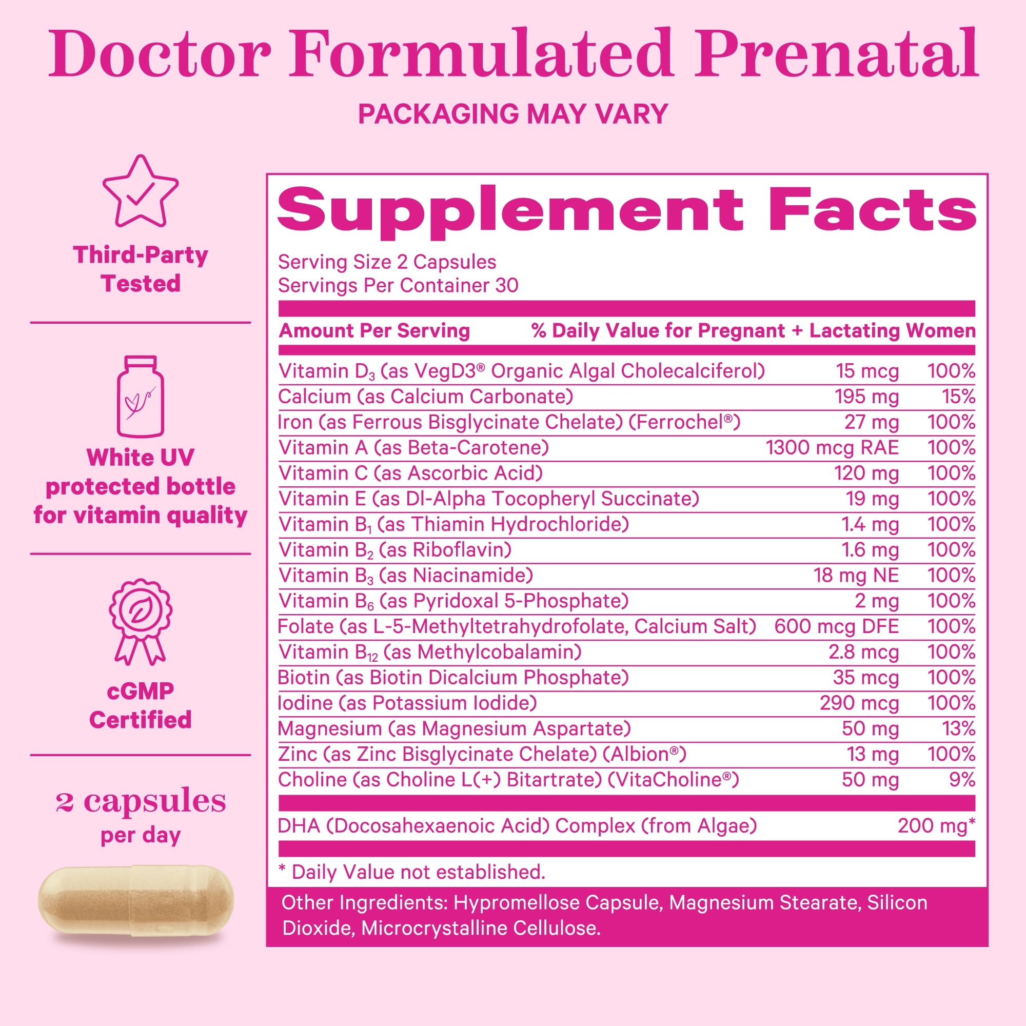 PINK STORK PRENATAL VITAMINS DHA FOLATE 60 CAPSULES 1 MONTH SUPPLY