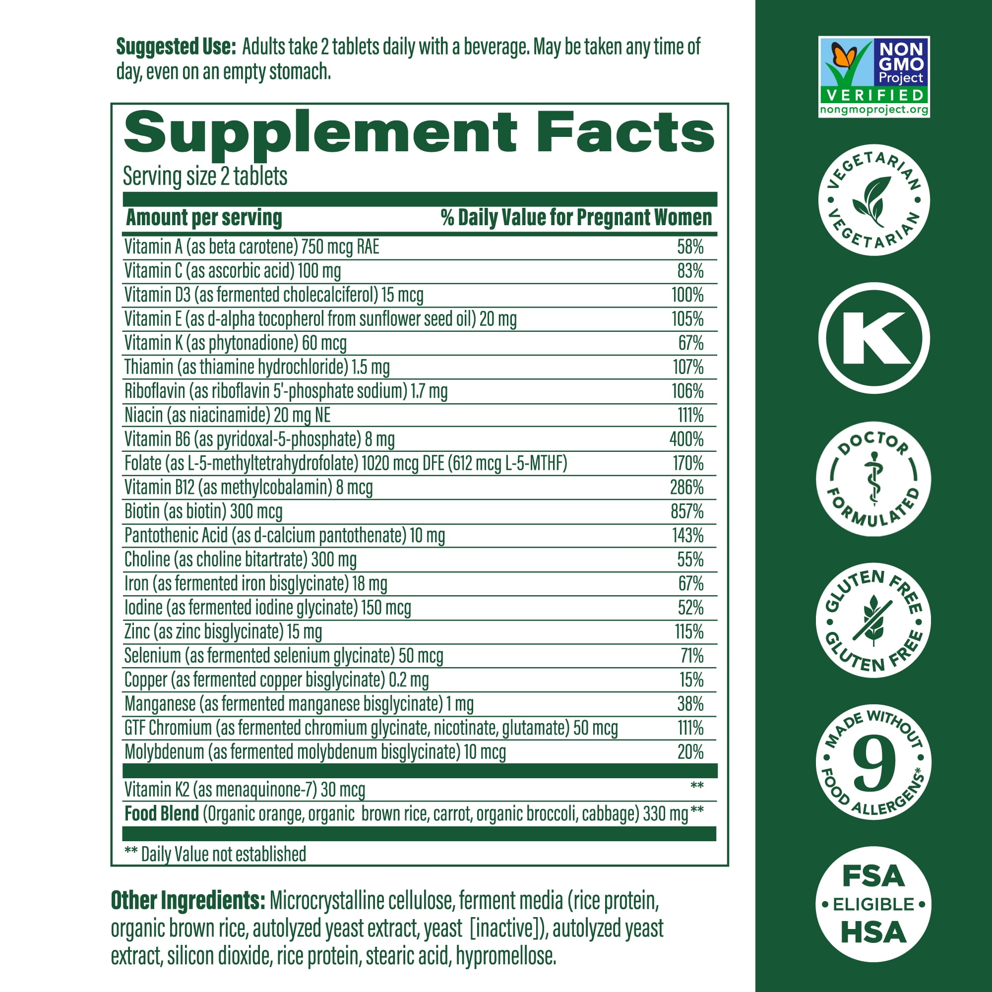 MEGAFOOD BABY & ME 2 PRENATAL MULTI VITAMINS CHOLINE METHYL FOLATE IRON DR FORMULATED GLUTEN FREE VEGETARIAN 60 TABLETS 30 SERVINGS