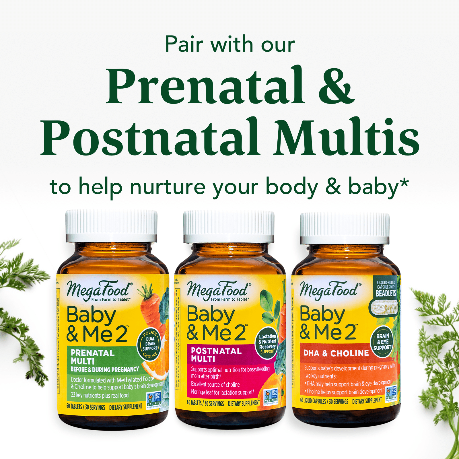 MEGAFOOD BABY AND ME 2 PRENATAL DHA CHOLINE VITAMINS WOMEN PLANT-BASED LIQUID FOR BABY'S BRAIN EYE DEVELOPMENT PREGNANCY VEGAN 60 CAPSULES 30 SERVINGS