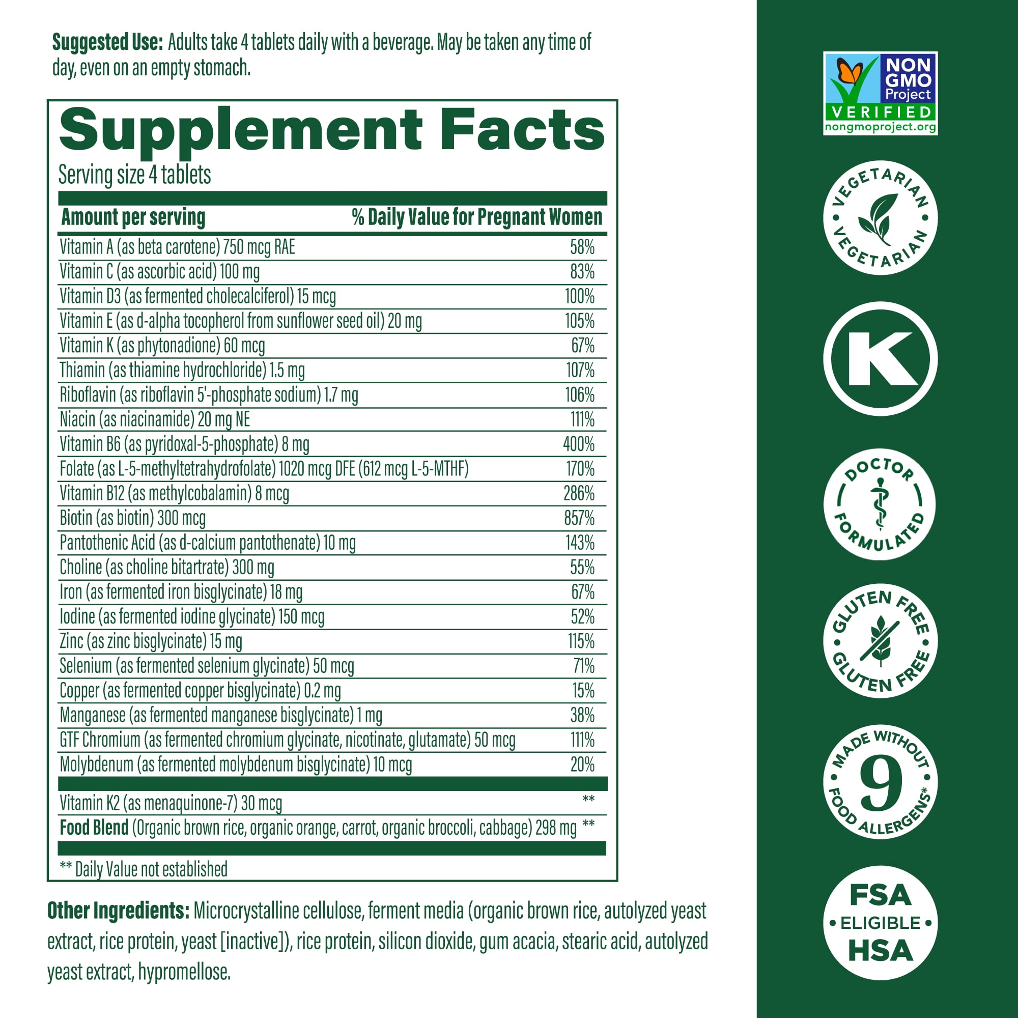 MEGAFOOD BABY AND ME 2 PRENATAL VITAMIN MINERALS FOLATE FOLIC ACID CHOLINE IRON IODINE VITAMIN C D 120 MINI TABS 30 SERVINGS