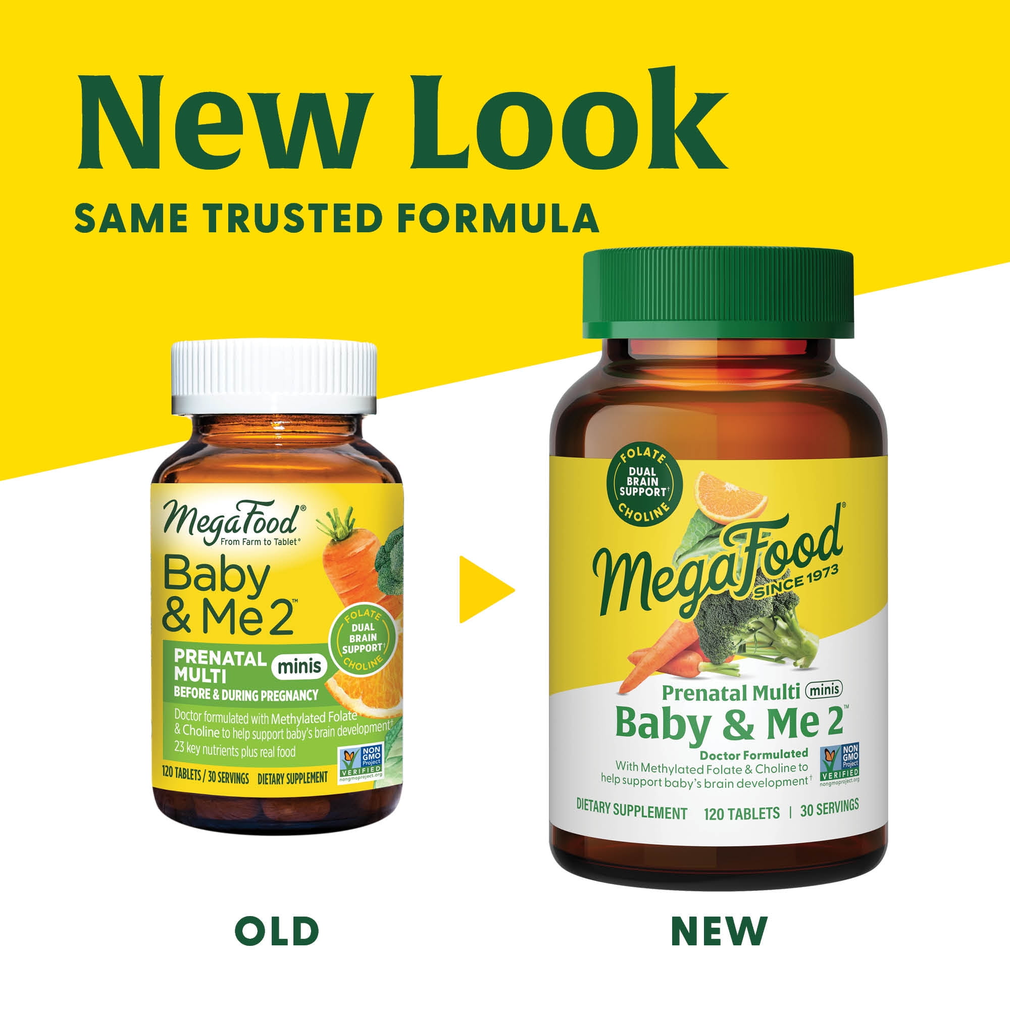 MEGAFOOD BABY AND ME 2 PRENATAL VITAMIN MINERALS FOLATE FOLIC ACID CHOLINE IRON IODINE VITAMIN C D 120 MINI TABS 30 SERVINGS