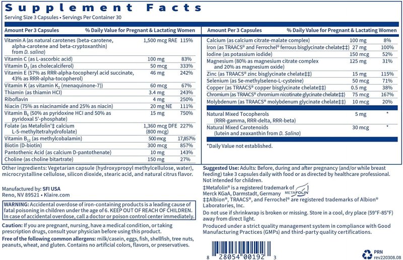 KLAIRE LABS PRENATAL NURSING FORMULA MULTIVITAMIN MULTIMINERAL CHELATED IRON ACTIVE FOLATE FOR PREGNANCY BREASTFEEDING CHILD-BEARING YEARS DAIRY-FREE 90 CAPSULES
