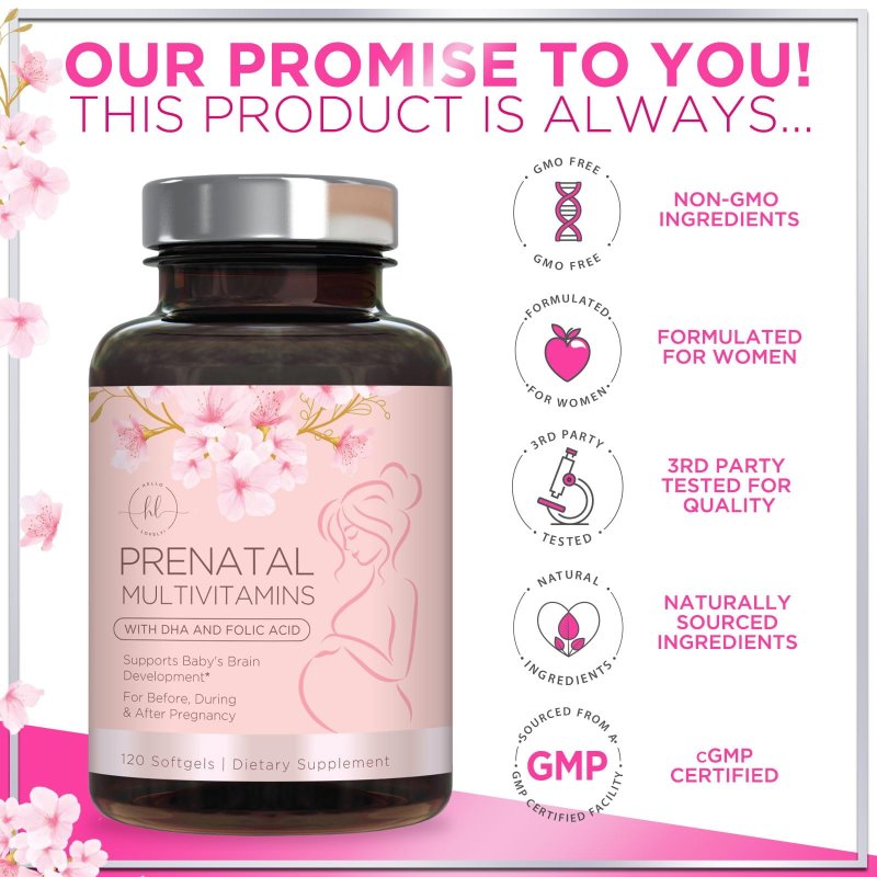 HELLO LOVELY PREGNANCY SUPPORT MULTIVITAMIN WITH FOLIC ACID DHA FOLATE OMEGA 3 VITAMIN D3 B6 B12 IRON FOR MOM AND BABY 120 SOFTGELS