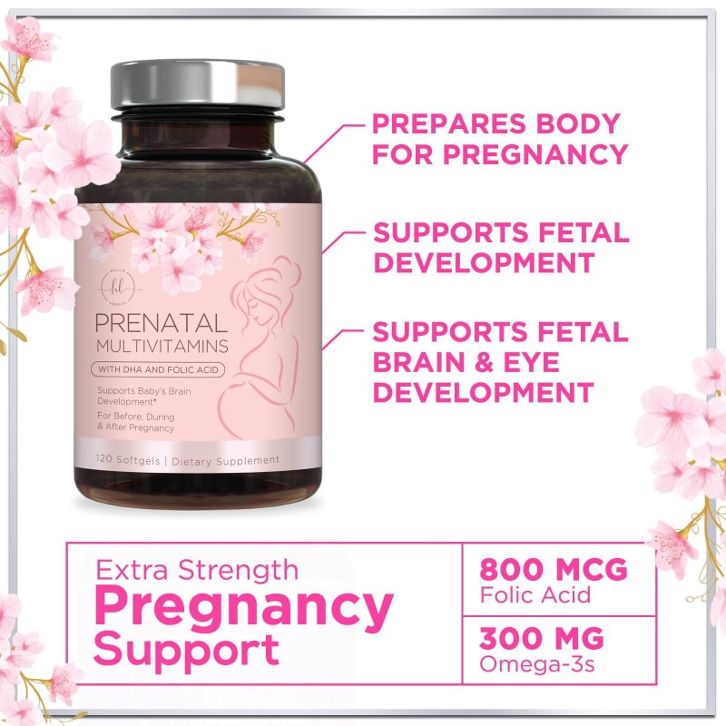 HELLO LOVELY PREGNANCY SUPPORT MULTIVITAMIN WITH FOLIC ACID DHA FOLATE OMEGA 3 VITAMIN D3 B6 B12 IRON FOR MOM AND BABY 120 SOFTGELS