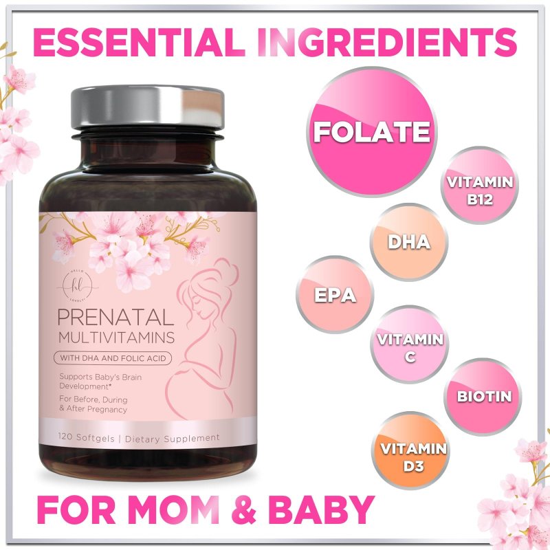 HELLO LOVELY PREGNANCY SUPPORT MULTIVITAMIN WITH FOLIC ACID DHA FOLATE OMEGA 3 VITAMIN D3 B6 B12 IRON FOR MOM AND BABY 120 SOFTGELS