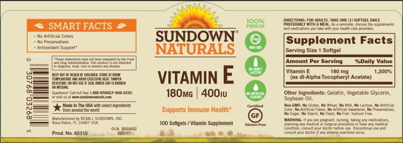 SUNDOWN VITAMIN E 400 IU SOFTGELS 100 COUNT FOR HEALTH AND WELLNESS