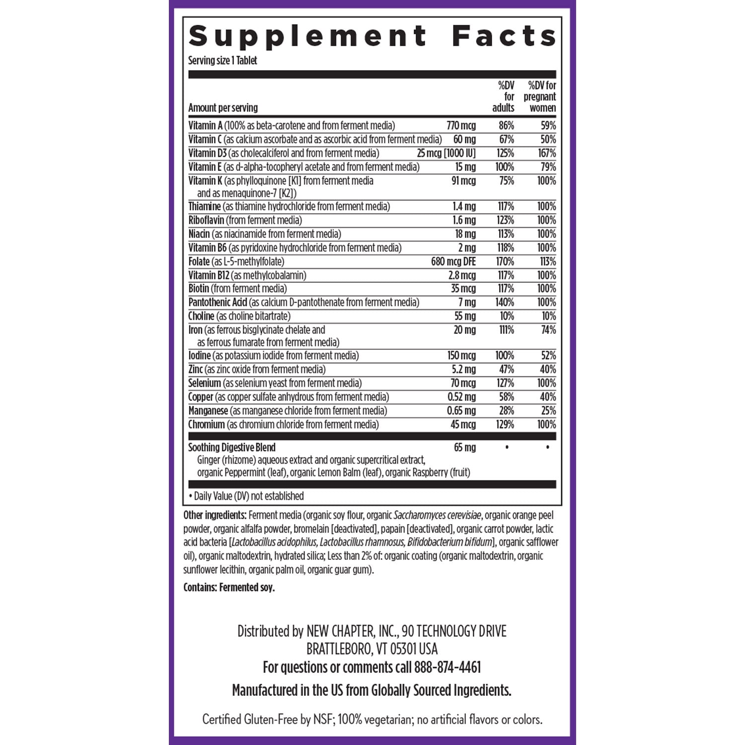 NEW CHAPTER ONE DAILY PRENATAL MULTIVITAMIN 30 VEG TABS FOR EXPECTING MOMS