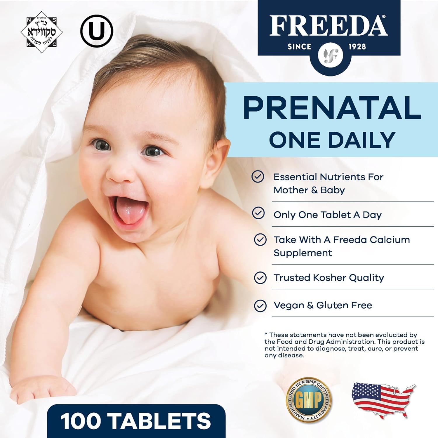 FREEDA PRENATAL VITAMIN MINERAL TABLETS IRON FOLIC ACID 100 COUNT