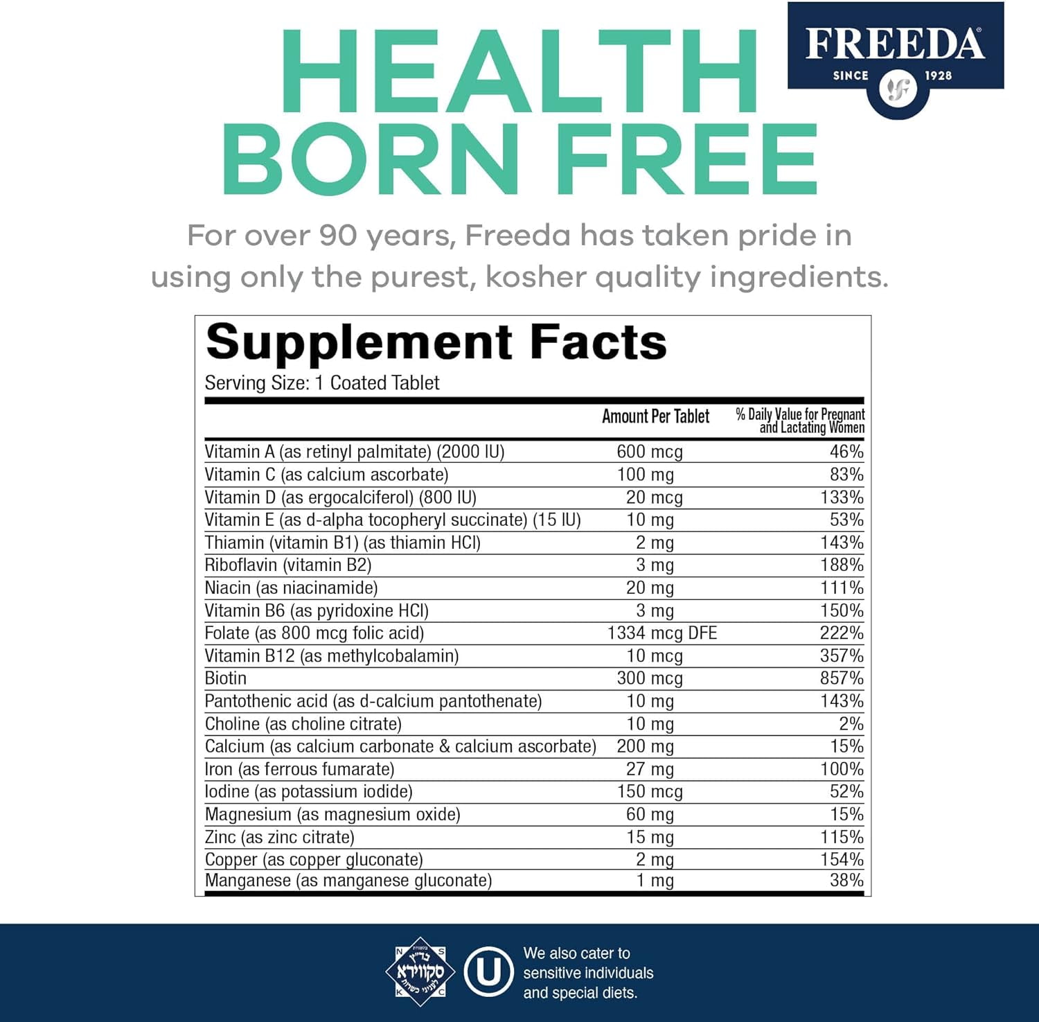 FREEDA PRENATAL VITAMIN MINERAL TABLETS IRON FOLIC ACID 100 COUNT