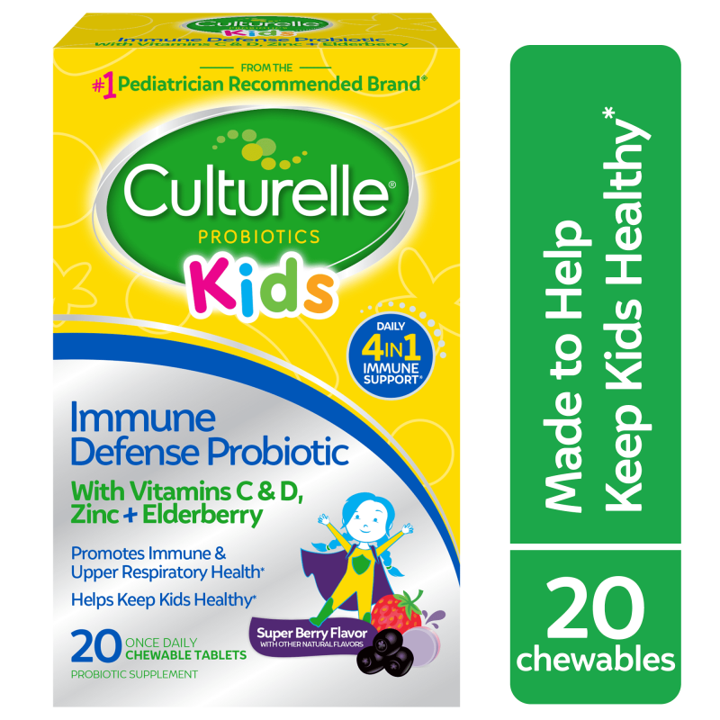 CULTURELLE KIDS IMMUNE DEFENSE PROBIOTIC TABLETS WITH VITAMIN C VITAMIN D ZINC ELDERBERRY 20 COUNT