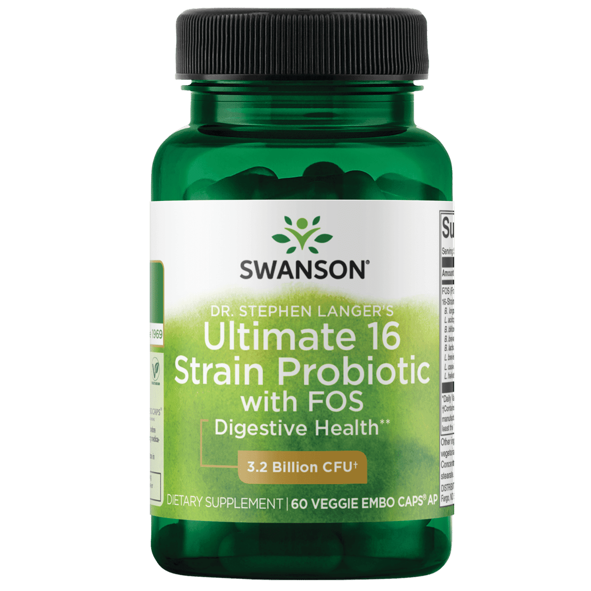 SWANSON DR. STEPHEN LANGER ULTIMATE 16 STRAIN PROBIOTIC PREBIOTIC FOS VEG CAPS 3.2B CFU 60 COUNT.