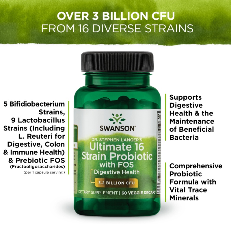 SWANSON DR. STEPHEN LANGER ULTIMATE 16 STRAIN PROBIOTIC PREBIOTIC FOS VEG CAPS 3.2B CFU 60 COUNT.