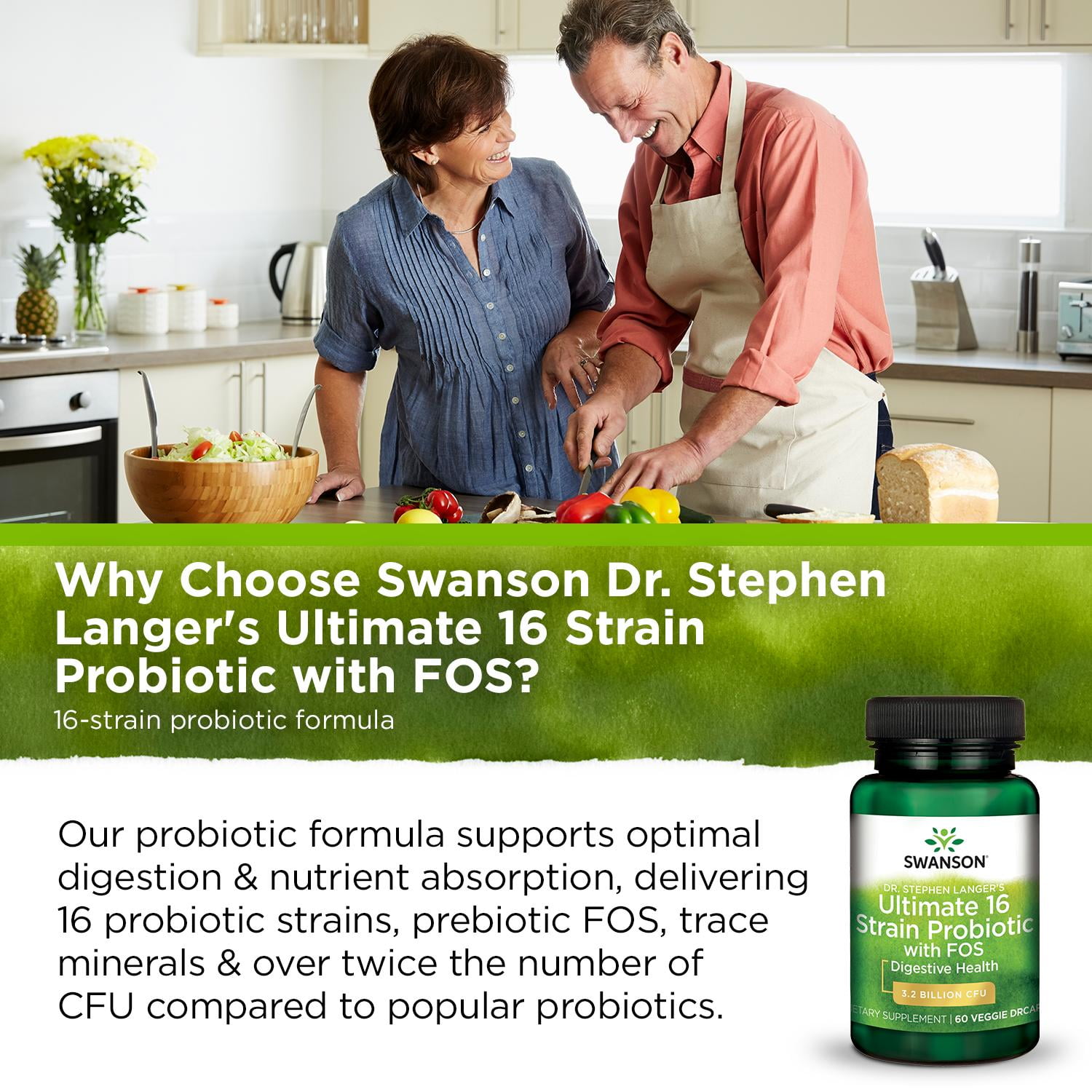 SWANSON DR. STEPHEN LANGER ULTIMATE 16 STRAIN PROBIOTIC PREBIOTIC FOS VEG CAPS 3.2B CFU 60 COUNT.